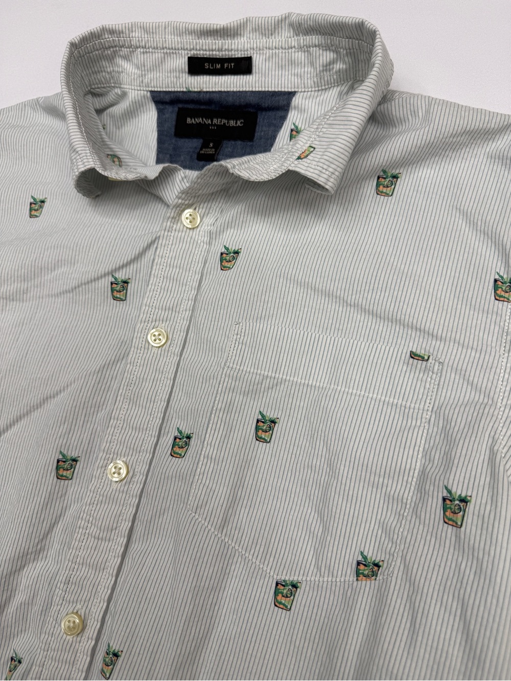 Banana Republic Men's Cocktail Drink Print Striped Short Sleeve Shirt